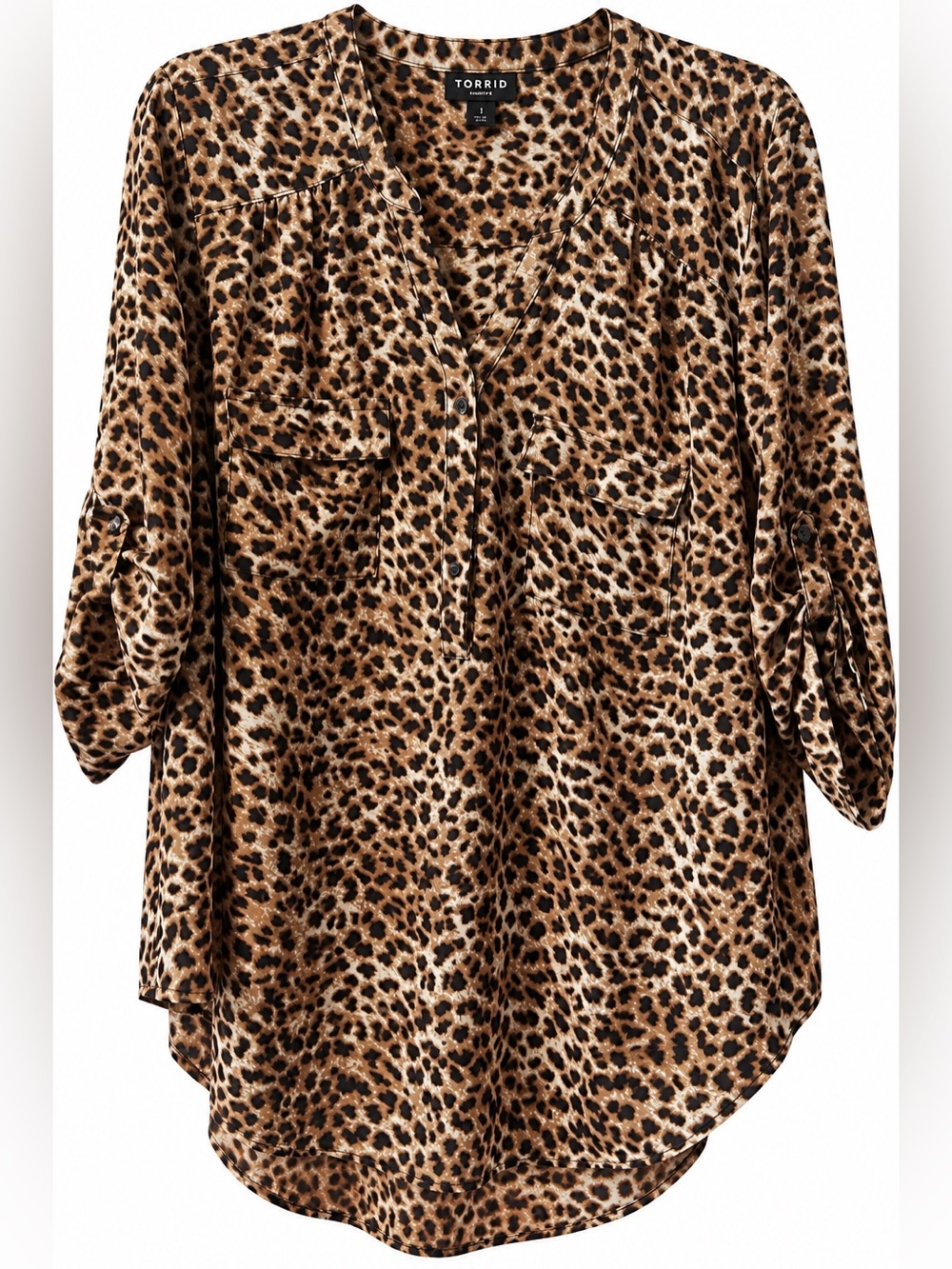 Torrid Size 1 / 1X Leopard Print Button Front Tunic Blouse | Roll Tab Sleeves